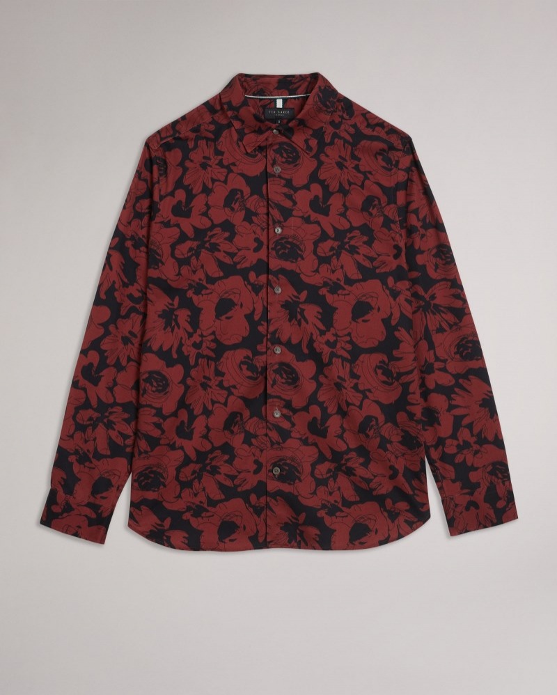 Dark Red Men's Ted Baker Boleena LS Bold Floral Shirt Price In India | Y7Z-1804