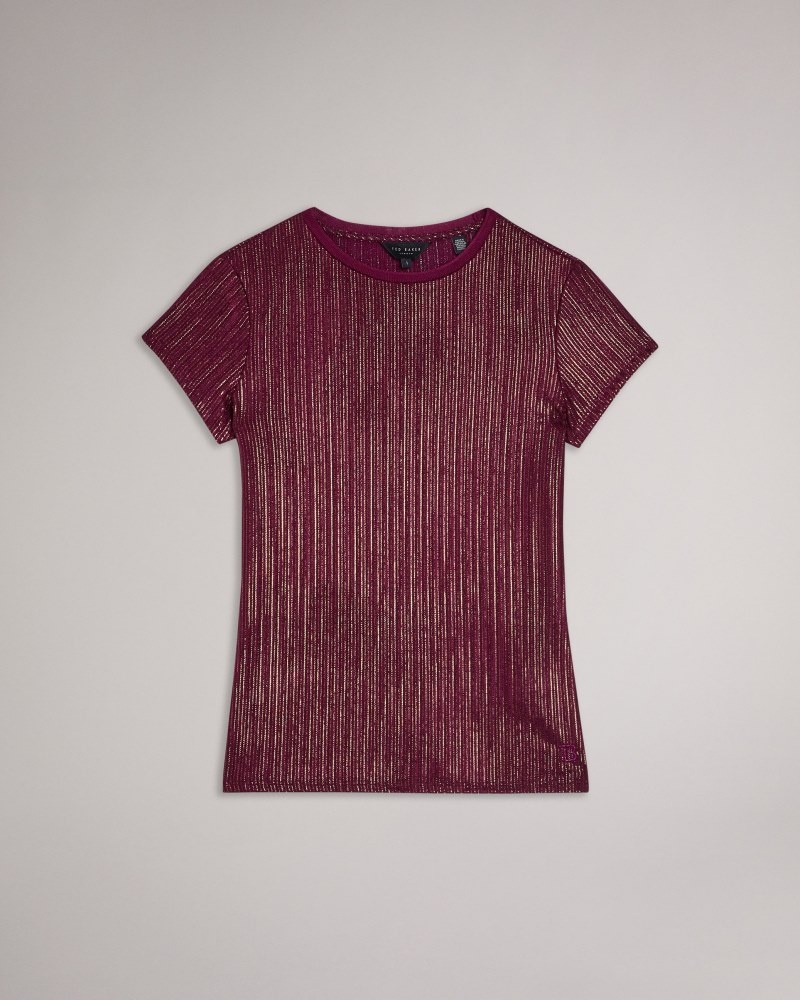 Dark Red Women's Ted Baker Katrino Metallic Fitted Tee Price In India | M3R-4746