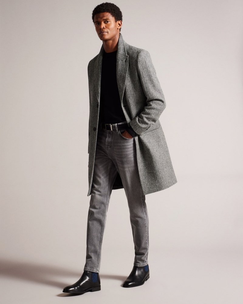 Grey Men's Ted Baker Raywood British Wool Herringbone Overcoat Price In India | S4I-1287