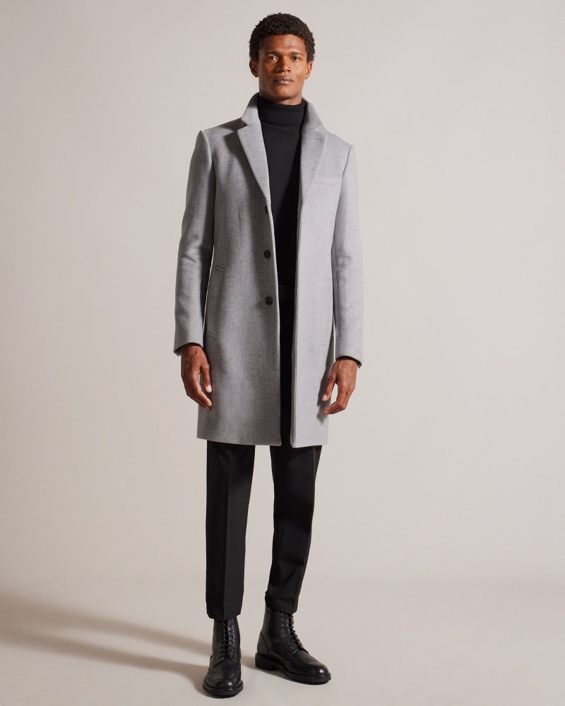 Grey Men's Ted Baker Rueby Wool Blend City Coat Price In India | W8J-7573