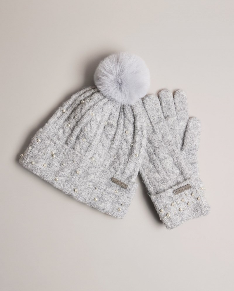 Grey Women's Ted Baker Kerriie Bobble Hat And Glove Gift Set Hats Price In India | Q6E-0509