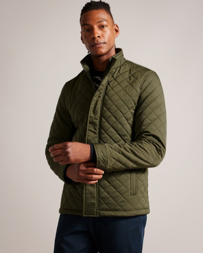 Khaki Men's Ted Baker Finnich Diamond Quilt Funnel Jacket Price In India | X5V-5398