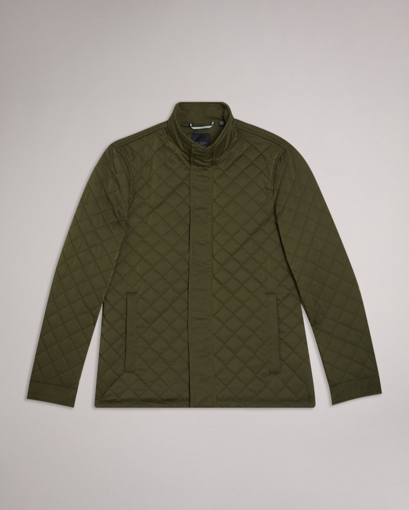 Khaki Men's Ted Baker Finnich Diamond Quilt Funnel Jacket Price In India | X5V-5398