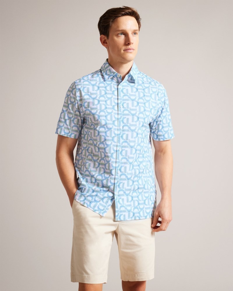 Light Blue Men\'s Ted Baker Glais Short Sleeve Cotton Branded Geo Shirts Price In India | C0C-6140