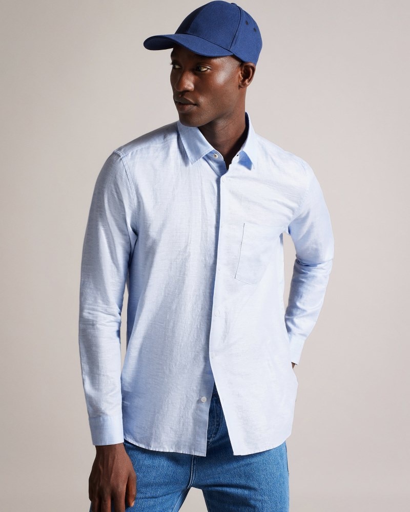 Light Blue Men's Ted Baker Kingwel Long Sleeve Linen Shirt Price In India | Y3O-9395