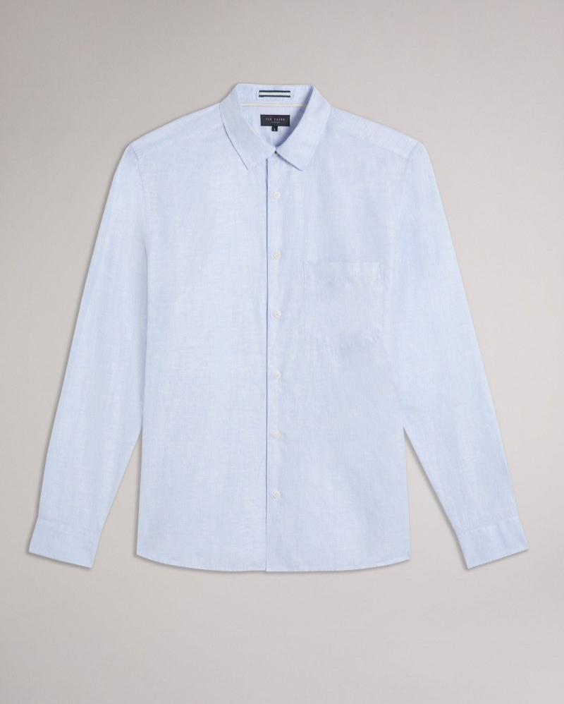 Light Blue Men's Ted Baker Kingwel Long Sleeve Linen Shirt Price In India | Y3O-9395