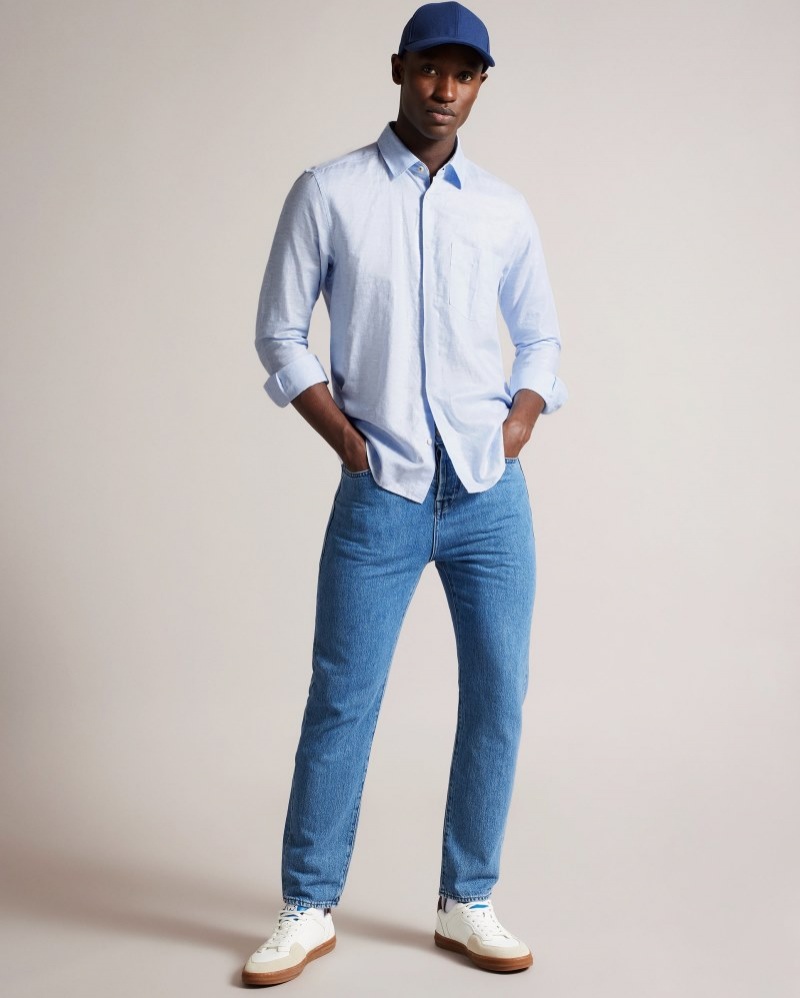 Light Blue Men\'s Ted Baker Kingwel Long Sleeve Linen Shirt Price In India | Y3O-9395