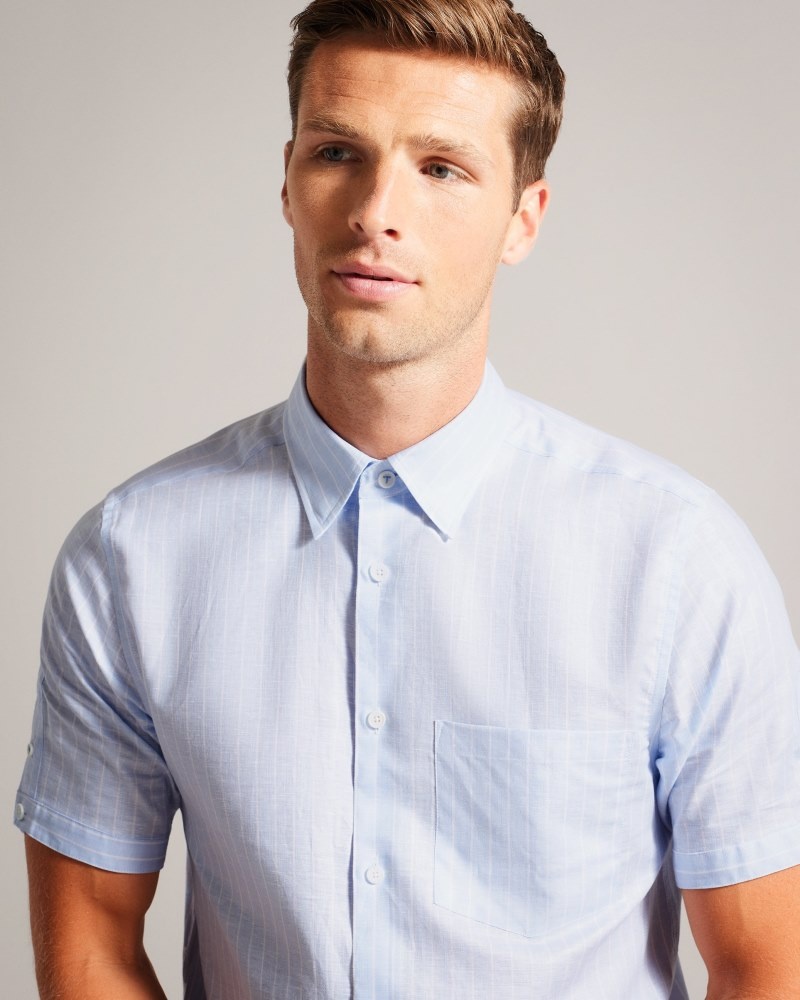 Light Blue Men\'s Ted Baker Lytham Short Sleeve Linen Stripe Shirts Price In India | X2E-4225