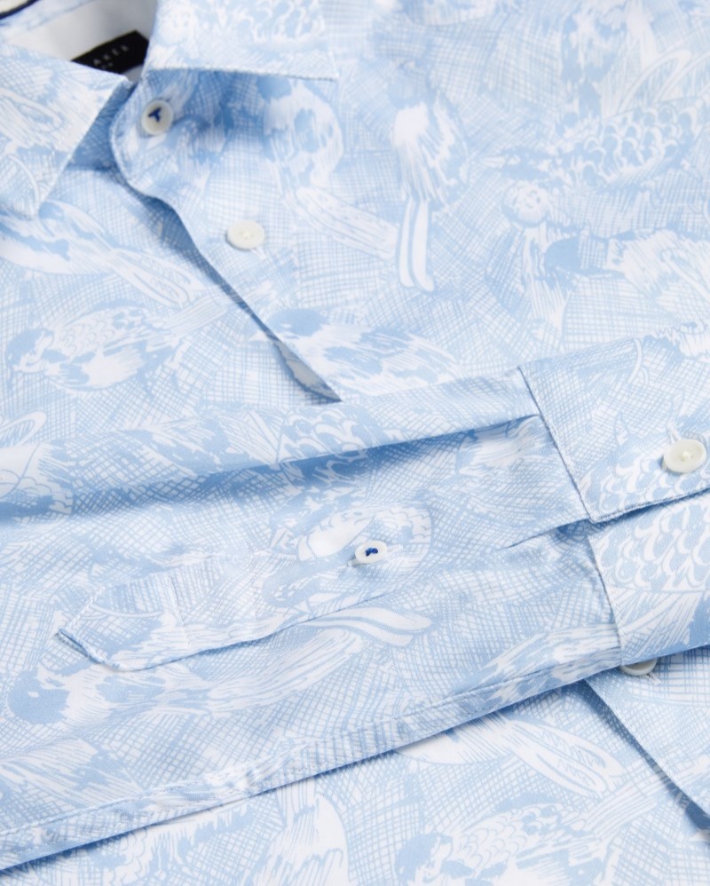 Light Blue Men's Ted Baker Mullen LS Hand Drawn Bird Print Shirt Price In India | I5W-1955