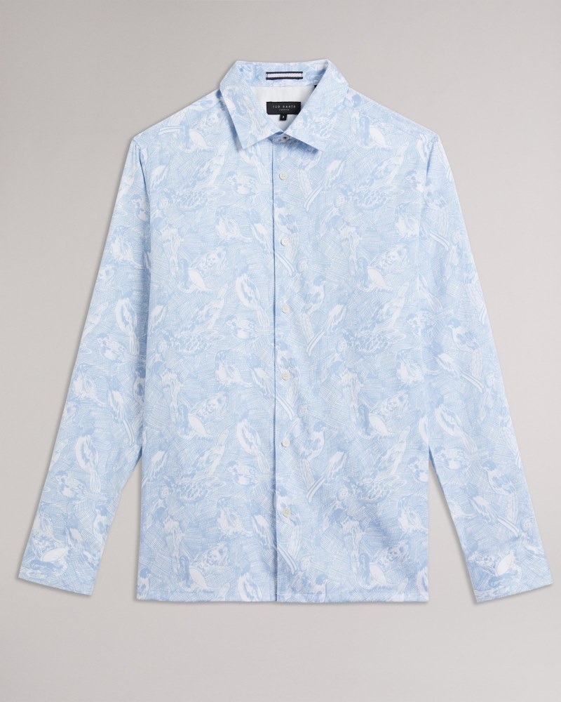 Light Blue Men's Ted Baker Mullen LS Hand Drawn Bird Print Shirt Price In India | I5W-1955