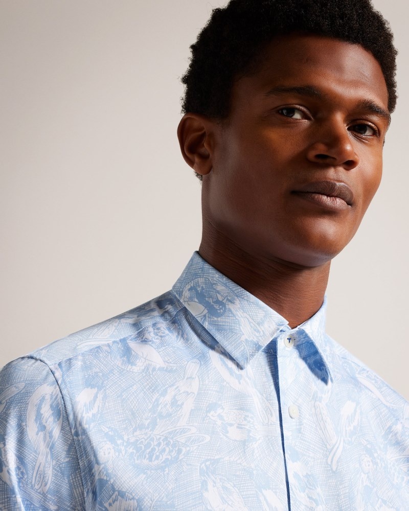 Light Blue Men\'s Ted Baker Mullen LS Hand Drawn Bird Print Shirt Price In India | I5W-1955