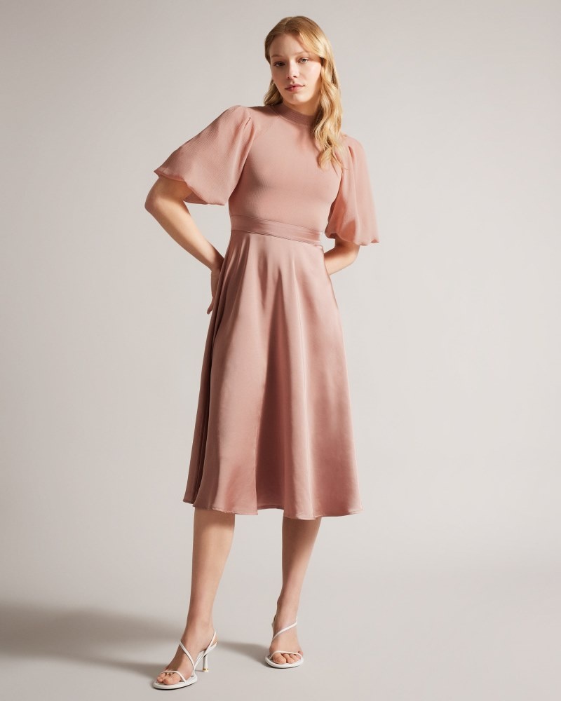 Light Pink Women's Ted Baker Brontei Puff Sleeve Fitted Bodice Midi Dress Price In India | F2F-7396