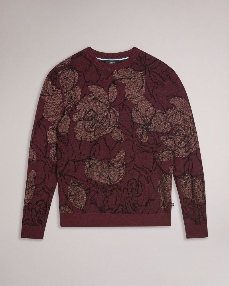 Maroon Men's Ted Baker Simpso LS Textured Jacquard Crew Neck Sweaters Price In India | C9R-7743