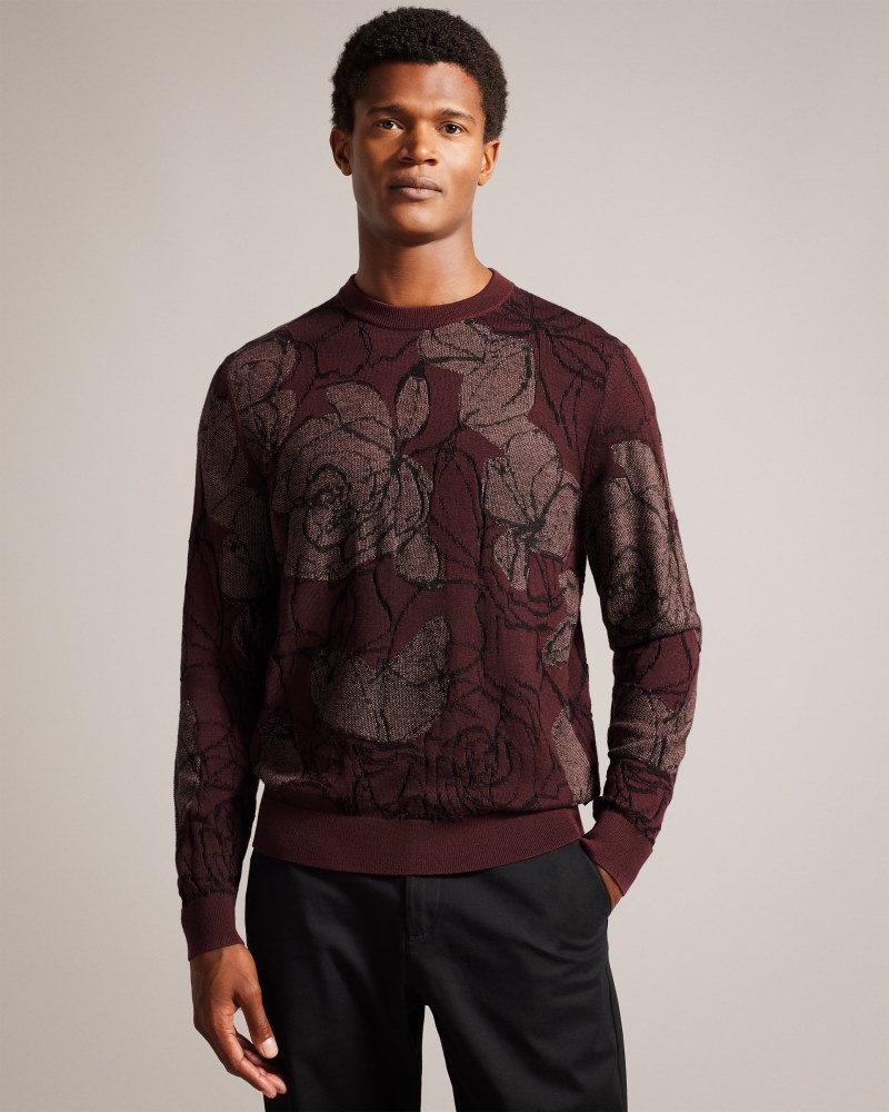 Maroon Men\'s Ted Baker Simpso LS Textured Jacquard Crew Neck Sweaters Price In India | C9R-7743