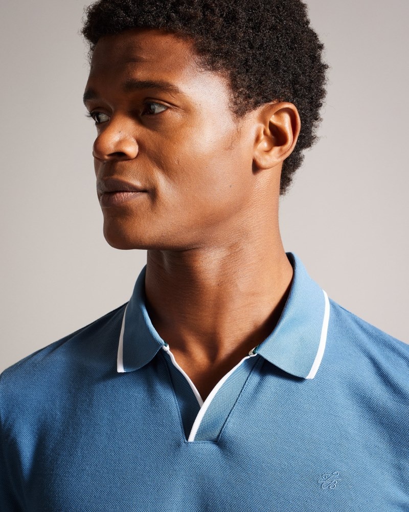 Mid Blue Men's Ted Baker Maste LS Regular Open Collar Polo Shirt Price In India | H8U-3934