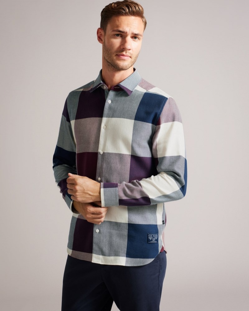 Mid Blue Men\'s Ted Baker Neetly LS Large Scale Check Shirt Price In India | F9L-1609