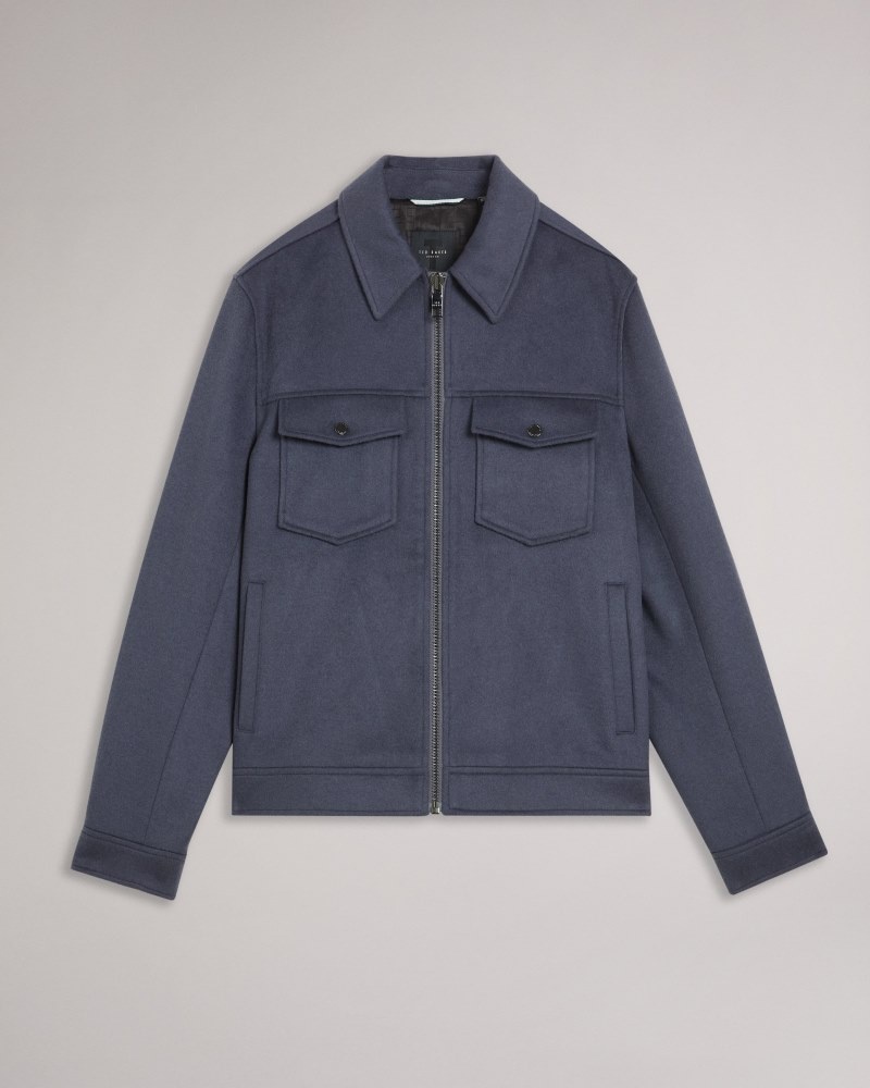 Mid Blue Men's Ted Baker Somerss Zip Thru Wool Trucker Jacket Price In India | H2M-0921