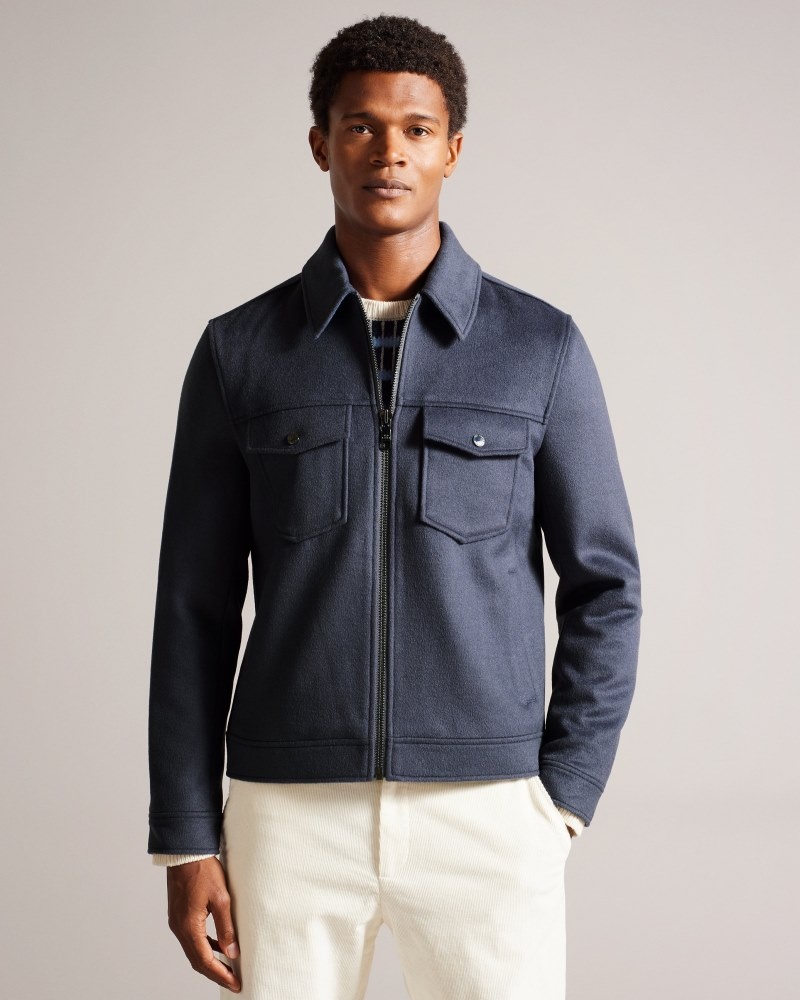 Mid Blue Men\'s Ted Baker Somerss Zip Thru Wool Trucker Jacket Price In India | H2M-0921