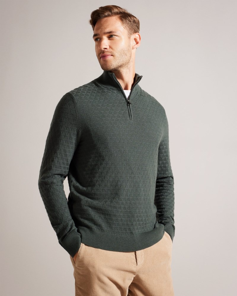 Mid Gree Men\'s Ted Baker Kurnle LS T Stitch Knitted Half Zip Price In India | D8K-5514