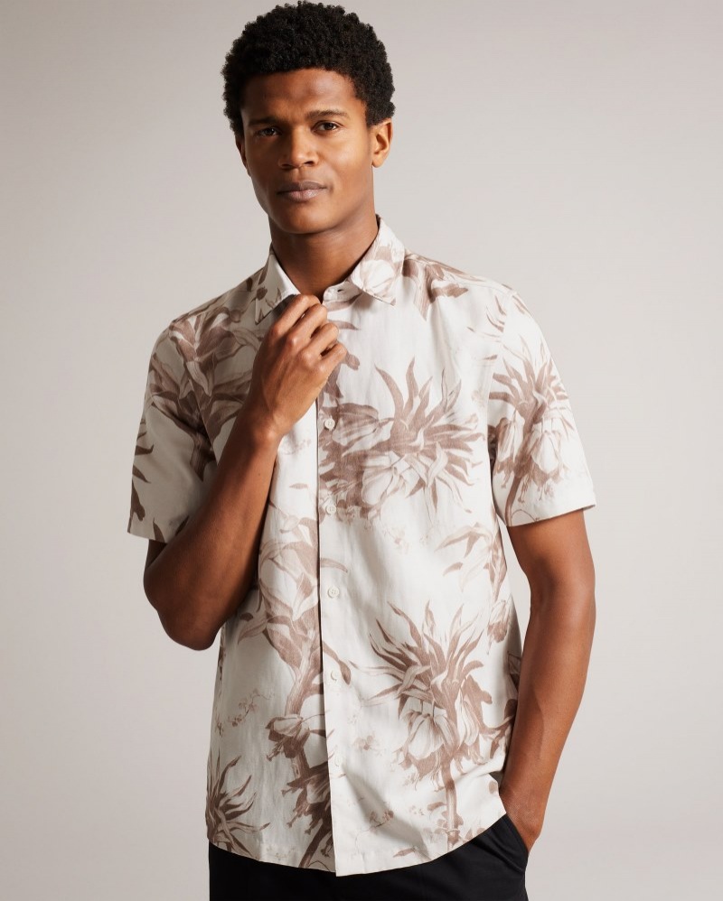 Navy Men's Ted Baker Belmar Short Sleeve Linen Blend Floral Shirts Price In India | F6K-7443