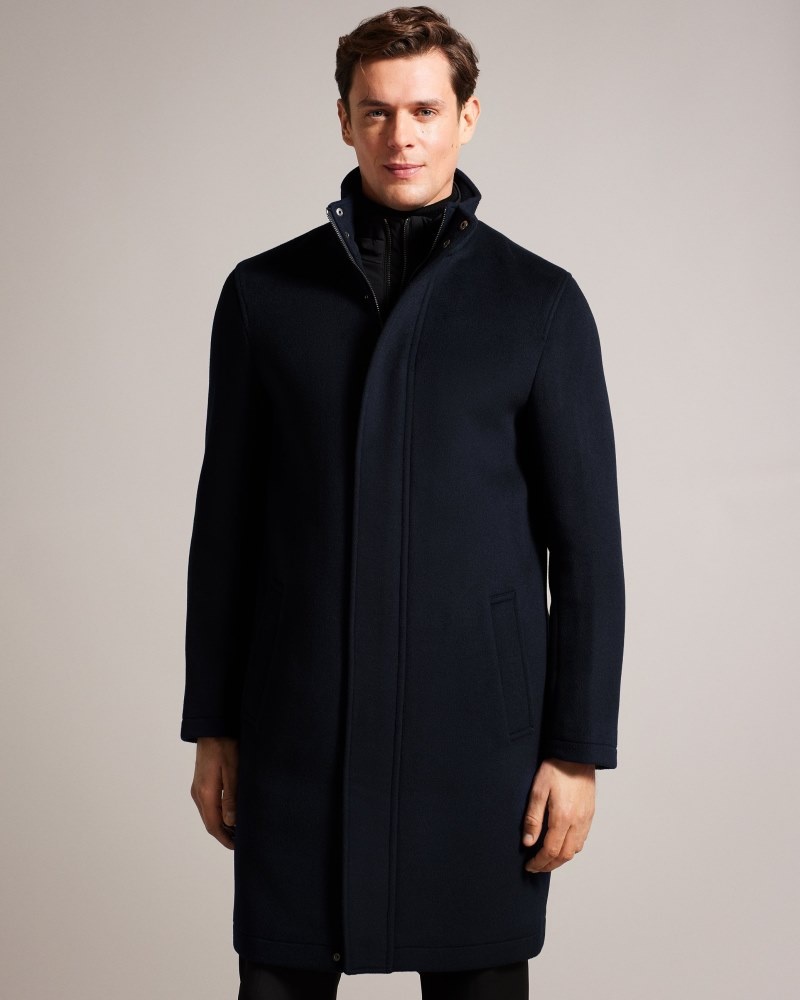 Navy Men's Ted Baker Ederson Wool Blend Funnel Neck Coat Price In India | M6P-9415