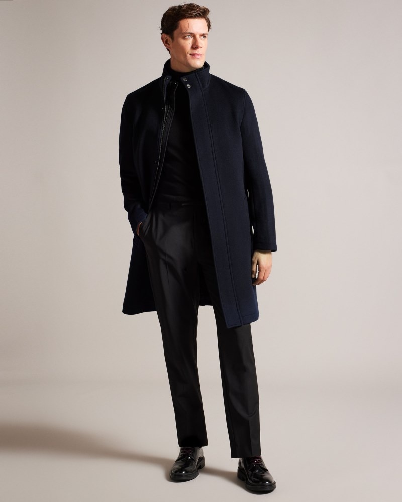 Navy Men\'s Ted Baker Ederson Wool Blend Funnel Neck Coat Price In India | M6P-9415