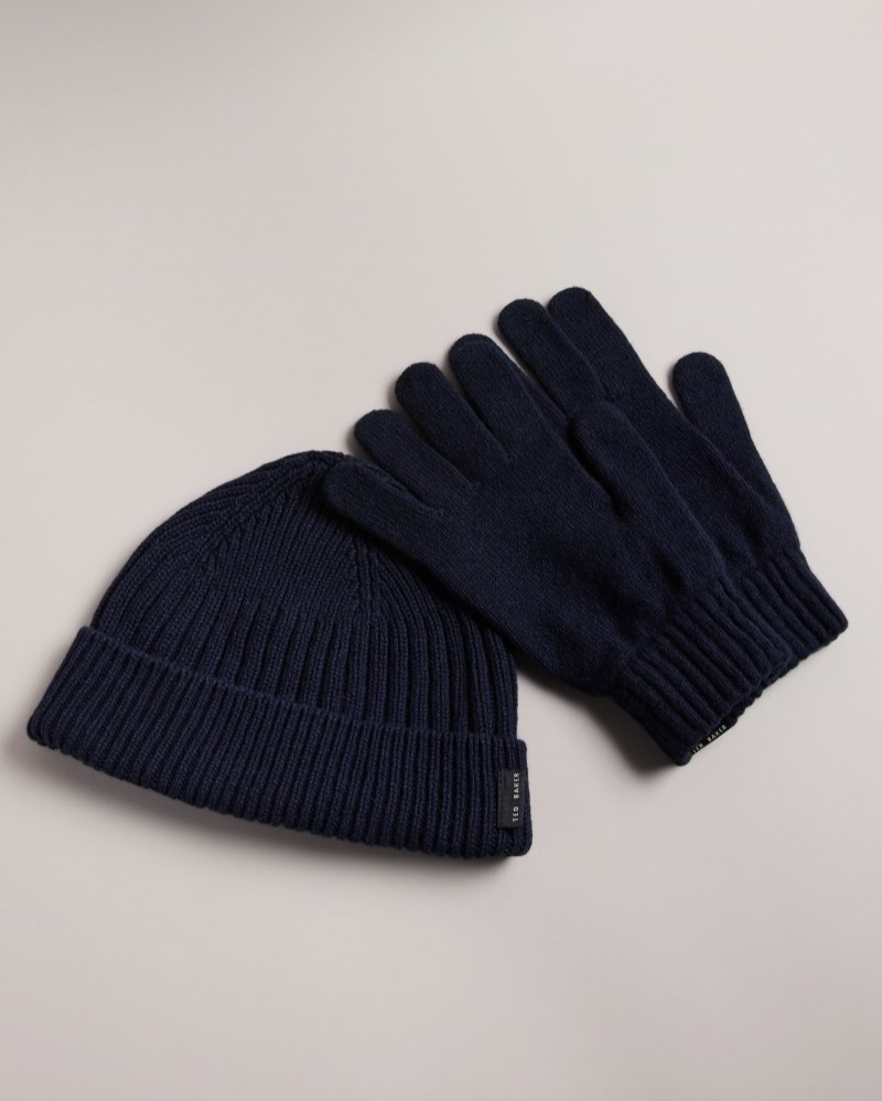 Navy Men's Ted Baker Frairs Rib Stitched Hat and Glove Gift Set Hats Price In India | Q4S-4766