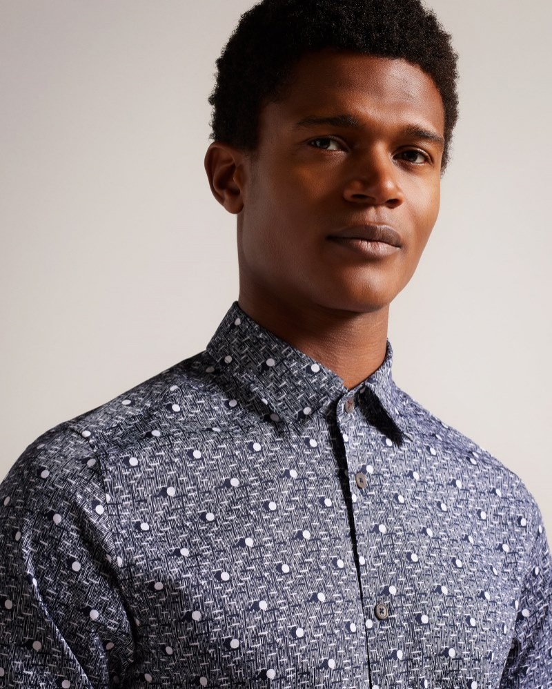 Navy Men's Ted Baker Maccle LS Spot Print Shirt Price In India | Y4V-6833