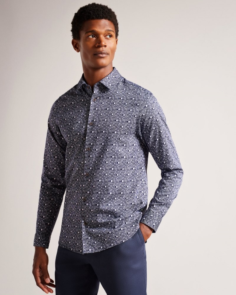 Navy Men\'s Ted Baker Maccle LS Spot Print Shirt Price In India | Y4V-6833