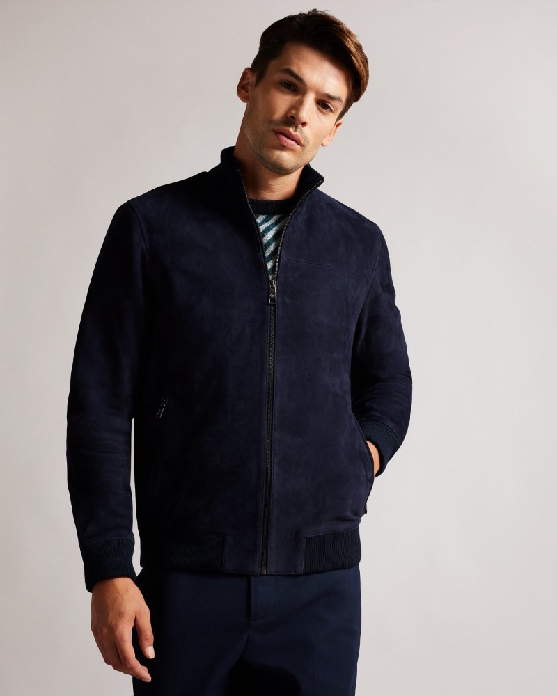 Navy Men's Ted Baker Peveril Suede Funnel Bomber Price In India | M9Z-6428