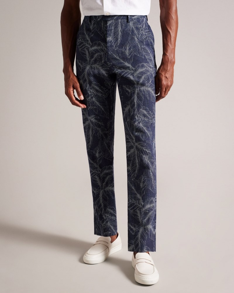 Navy Men's Ted Baker Postot Cotton Linen Printed Trousers Price In India | N0D-3933