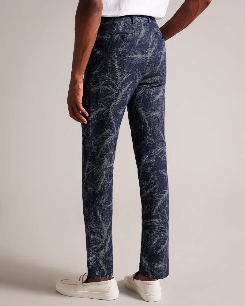 Navy Men's Ted Baker Postot Cotton Linen Printed Trousers Price In India | N0D-3933