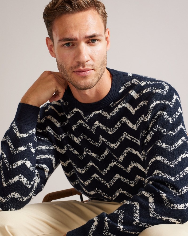 Navy Men\'s Ted Baker Sesil LS Zig Zag Jacquard Crew Neck Sweaters Price In India | L4U-6527