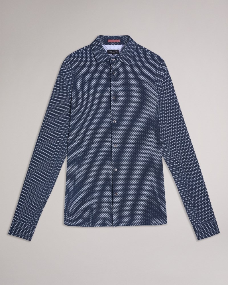 Navy Men's Ted Baker Velino LS Bi Stretch Geo Shirt Price In India | S2T-1554