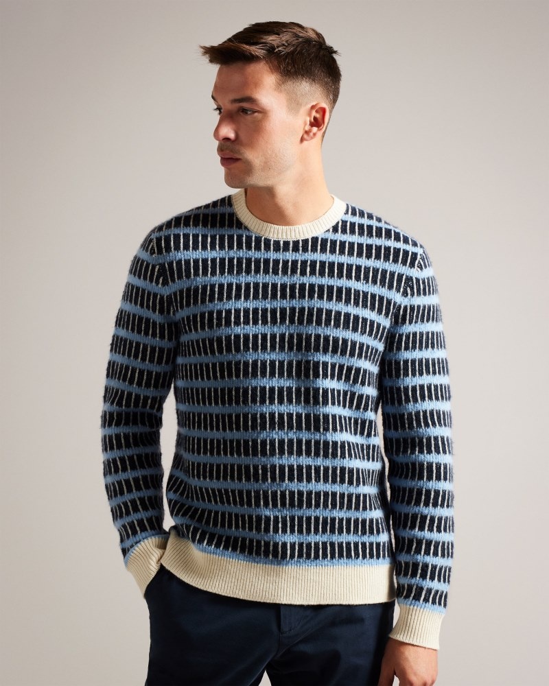 Navy Men's Ted Baker Waylen LS Textured Stripe Crew Neck Sweaters Price In India | U4G-5637