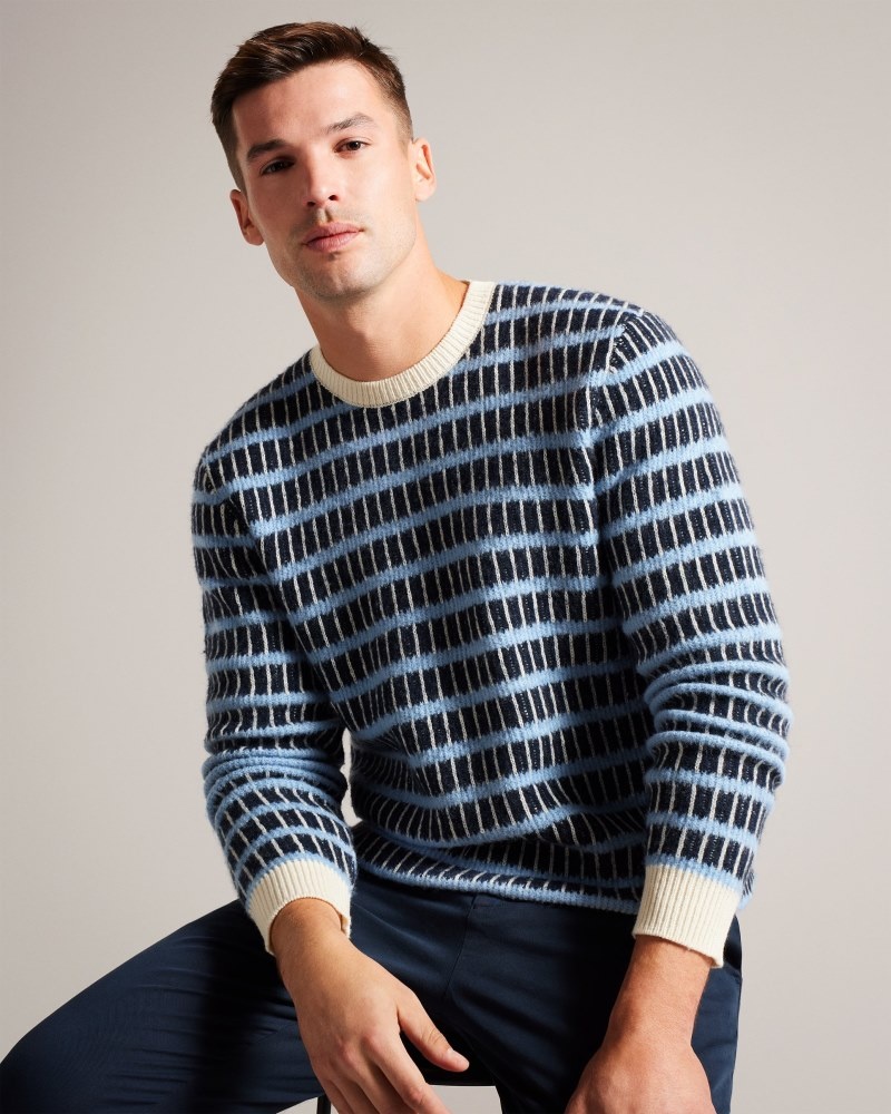 Navy Men's Ted Baker Waylen LS Textured Stripe Crew Neck Sweaters Price In India | U4G-5637