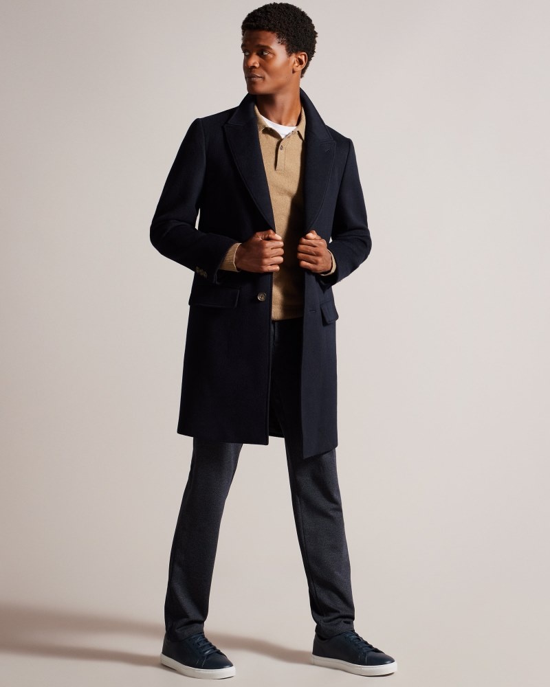 Navy Men's Ted Baker Wilding Wool Blend Overcoat Price In India | E0B-9315