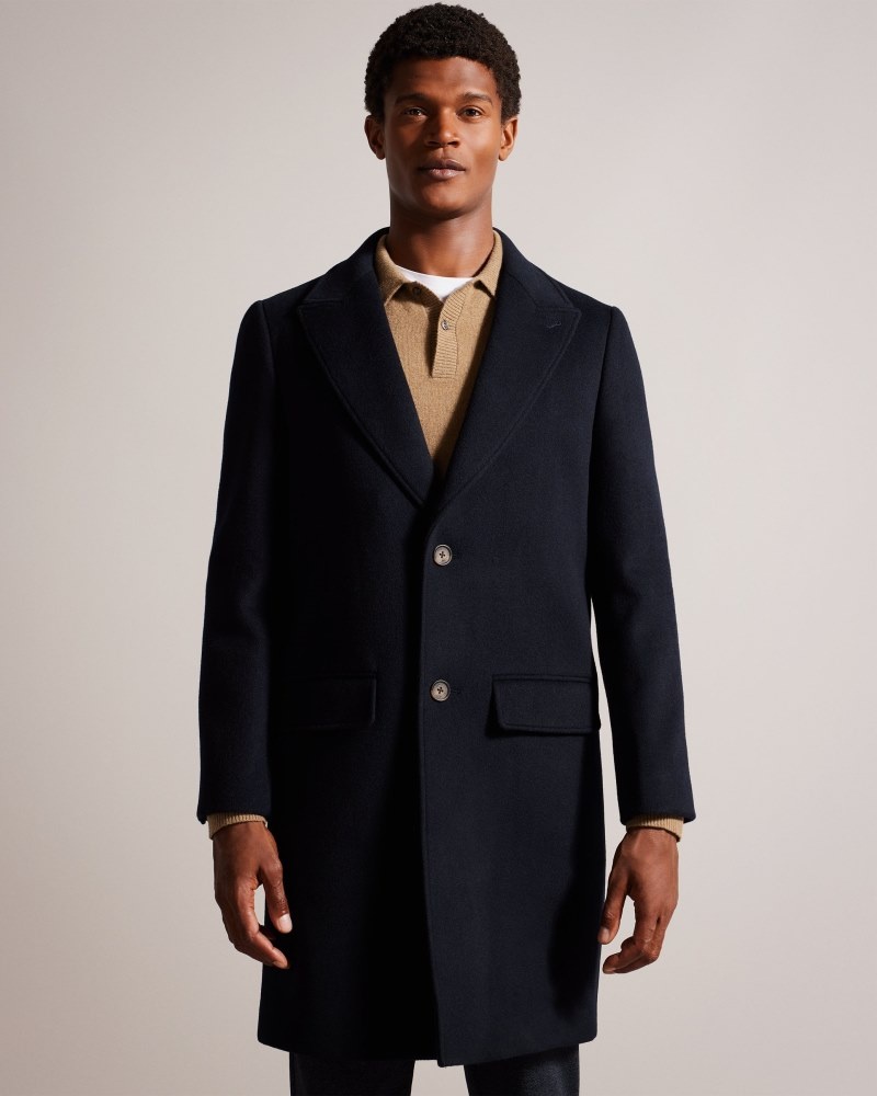 Navy Men\'s Ted Baker Wilding Wool Blend Overcoat Price In India | E0B-9315