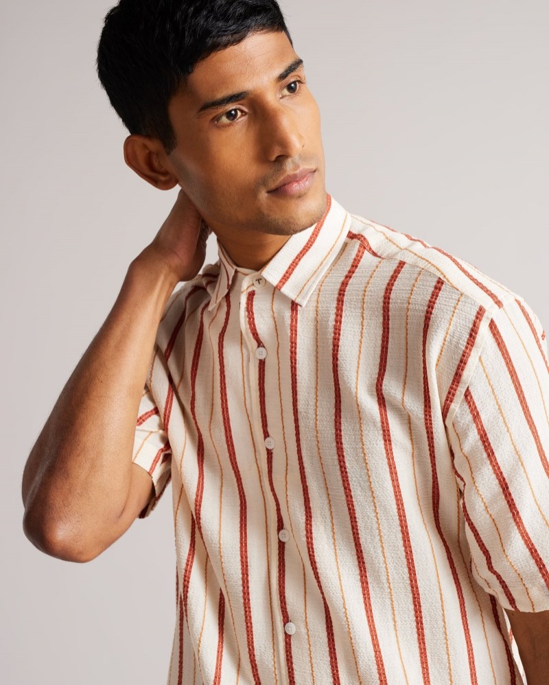 Pink Men's Ted Baker Hillma SS Seersucker Stripe Shirt Price In India | L4K-5588