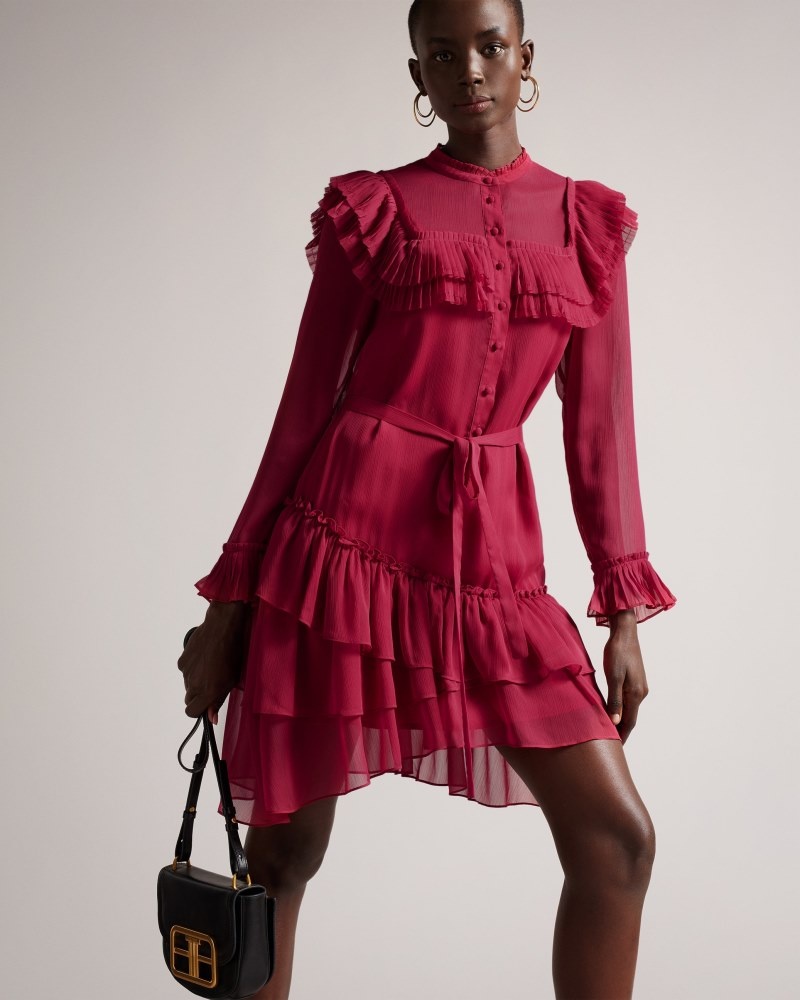 Pink Women's Ted Baker Anastai Ruffle Detail Mini Shirt Dress Price In India | D7Q-8154