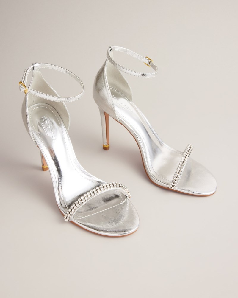 Silver Women's Ted Baker Helenni Crystal Strap Heeled Sandals Price In India | Q6Q-6208