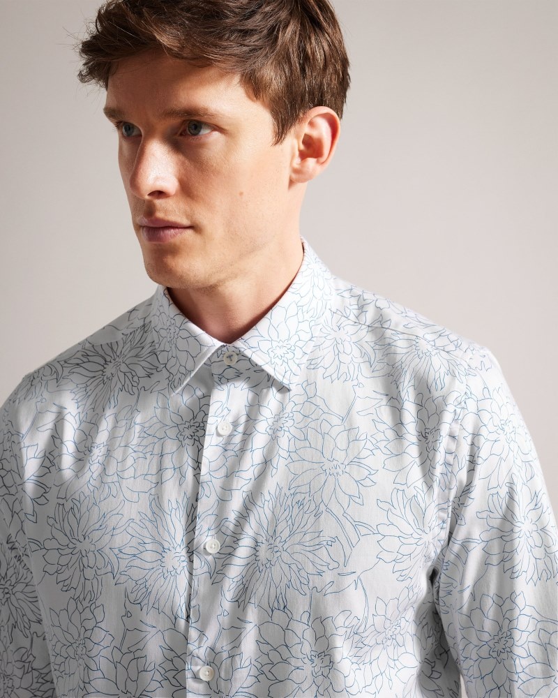 White Men's Ted Baker Neale LS Slim Dense Floral Shirt Price In India | O6O-8856