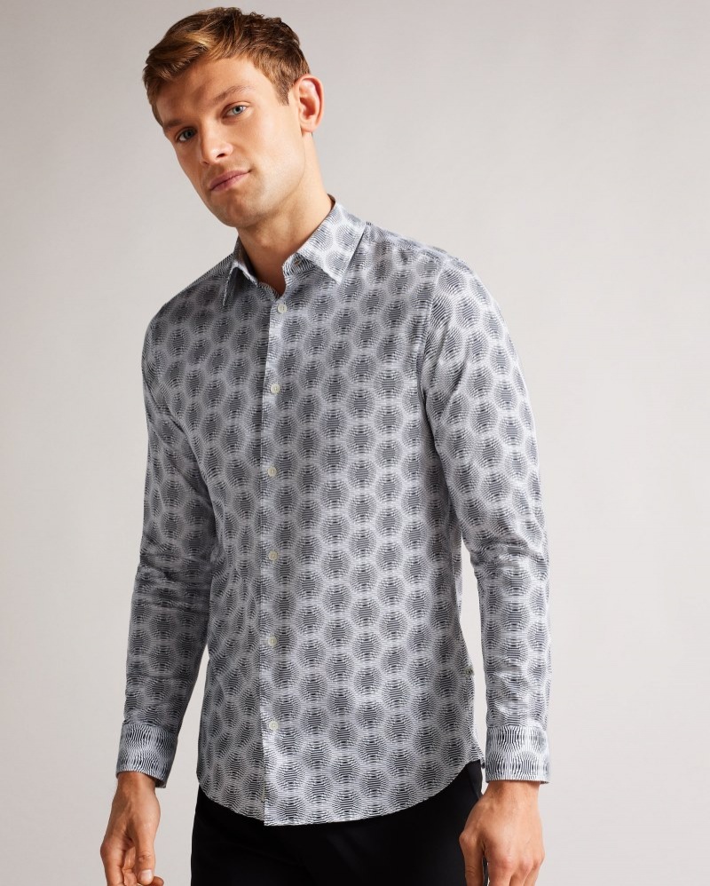 White Men\'s Ted Baker Pearse Long Sleeve Circle Geo Stretch Shirt Price In India | N1L-2375