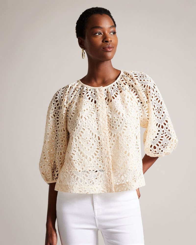 White Women's Ted Baker Elaraa Crochet Puff Sleeve Blouse Price In India | W5V-4419