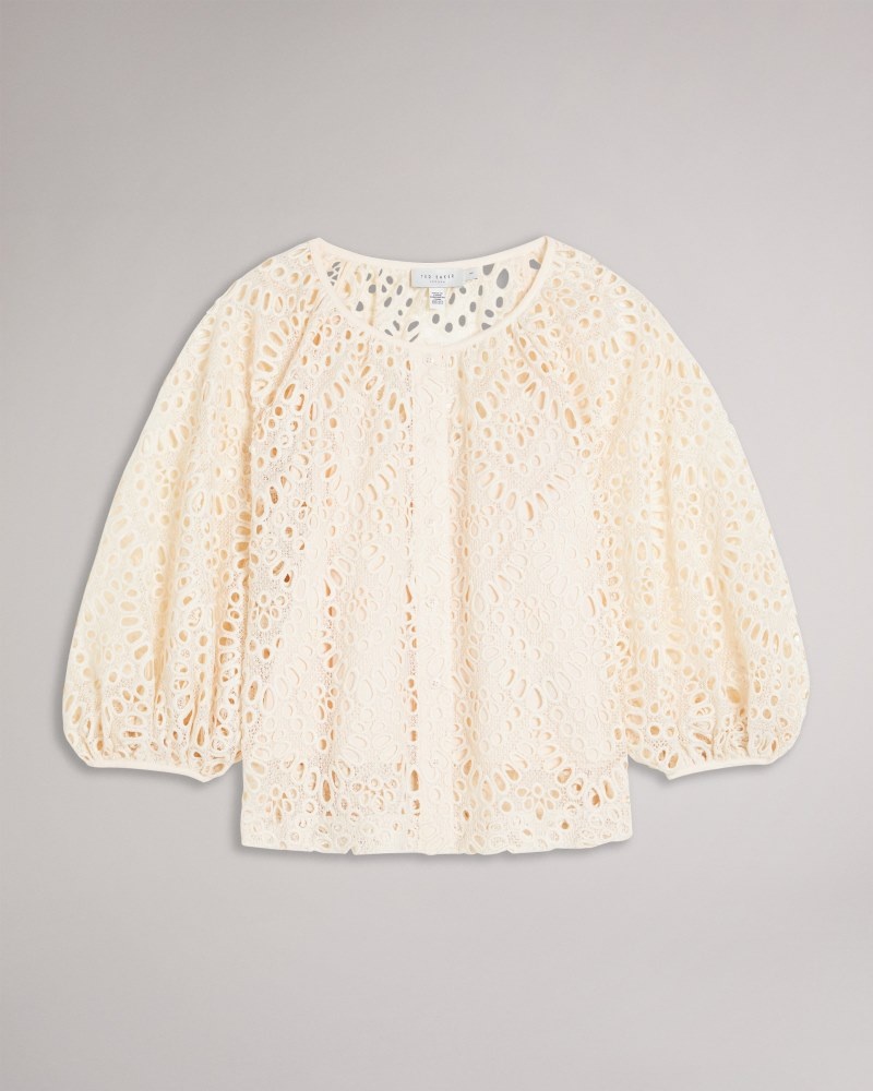 White Women's Ted Baker Elaraa Crochet Puff Sleeve Blouse Price In India | W5V-4419