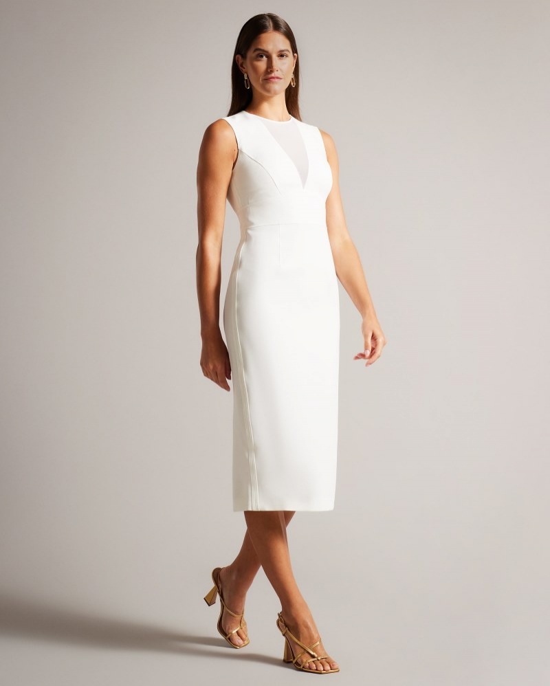 White Women\'s Ted Baker Elissii Bodycon Midi Dress with Sheer Panelling Dress Price In India | A2U-0012