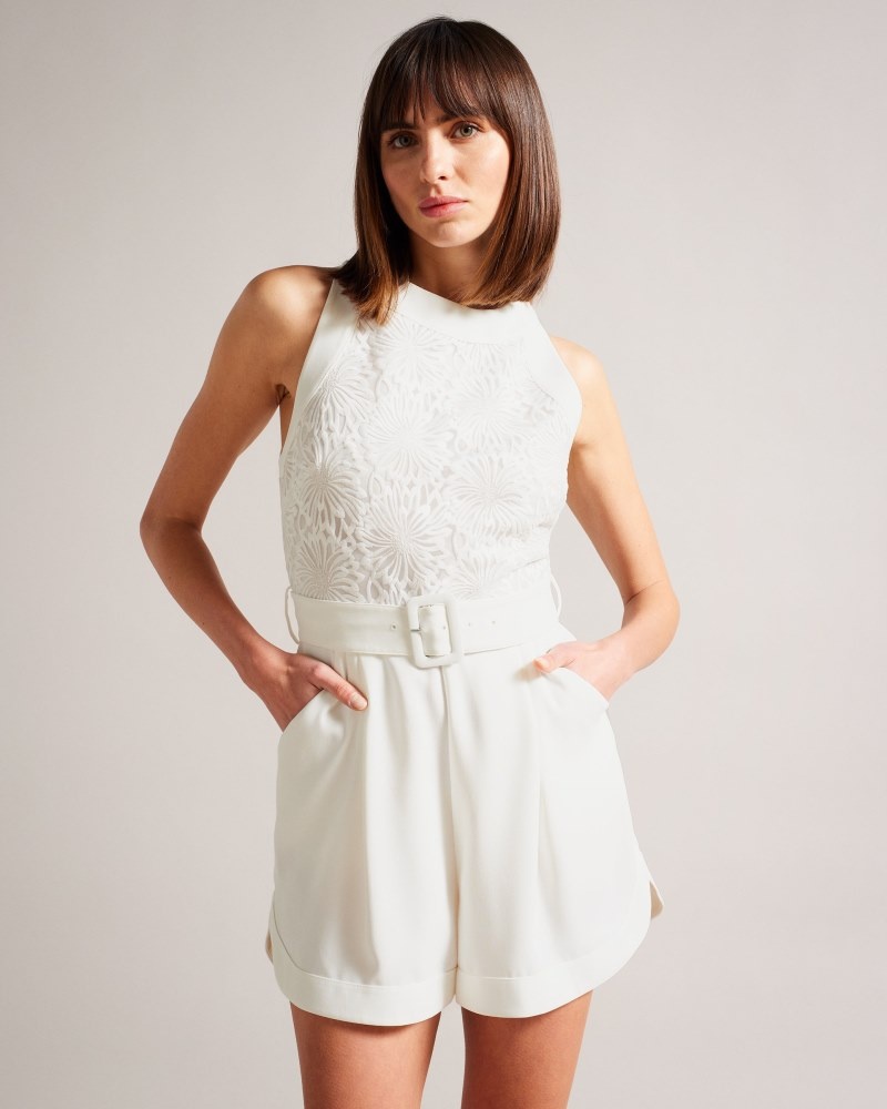 White Women's Ted Baker Finliee Sleeveless Belted Playsuit Price In India | O9Q-0236