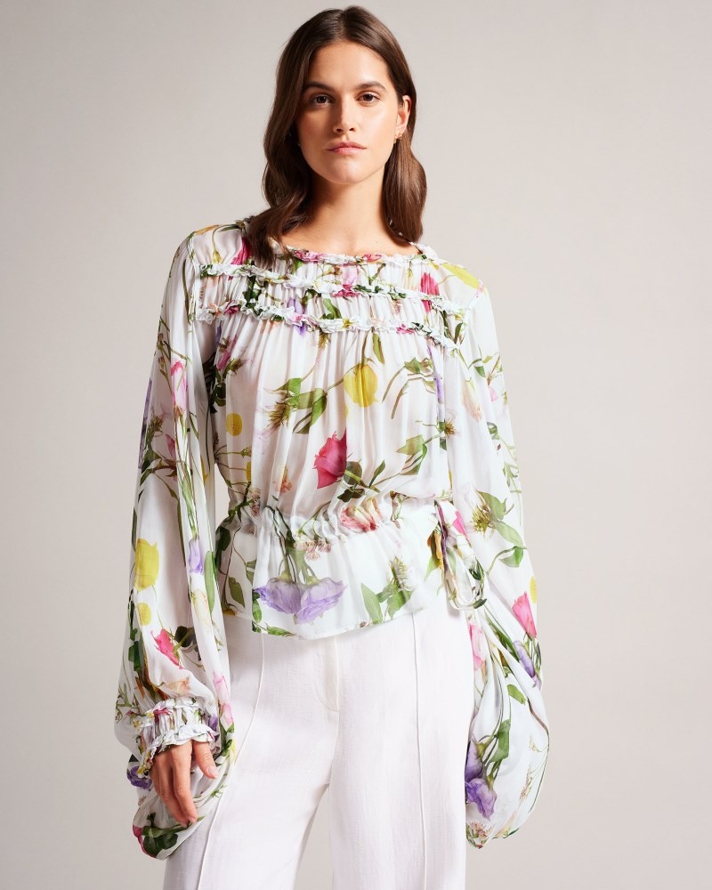 White Women's Ted Baker Hewette Printed Blouse with Functional Waist Tie Blouse Price In India | M3N-1969