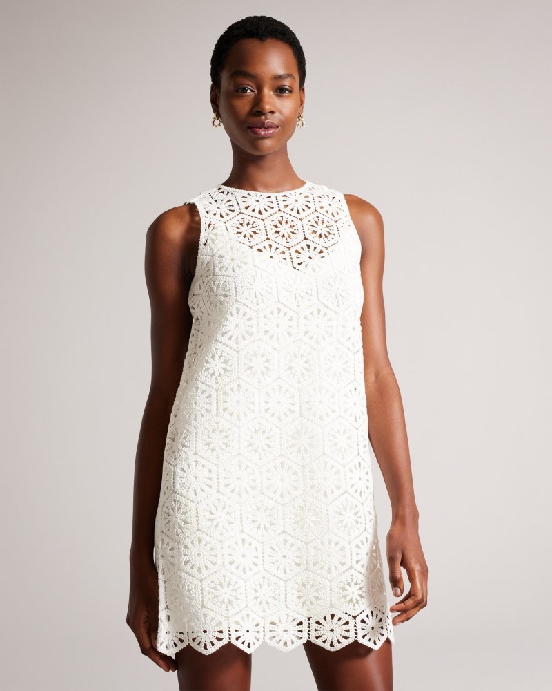 White Women's Ted Baker Nellla Crochet A Line Shift Dress Price In India | J0L-8932