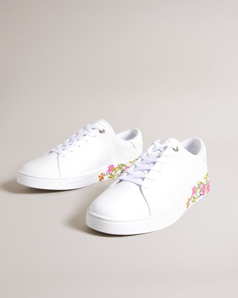 White Women's Ted Baker Sheliie Floral Sole Leather Cupsole Trainer Price In India | K6Q-7556